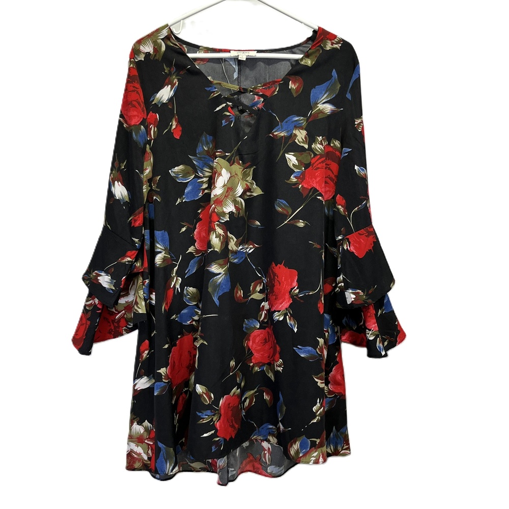 Umgee USA Womens Rose Floral Print Tiered Ruffle‎ Bell Sleeve Swing Dress Small